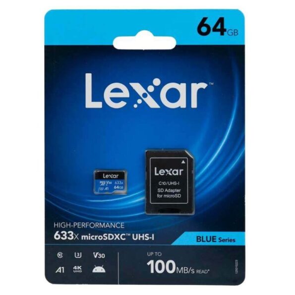 کارت حافظه‌ microSDXC لکسار مدل 633X کلاس 10 استاندارد UHS-I U3 سرعت ظرفیت 64 گیگابایت